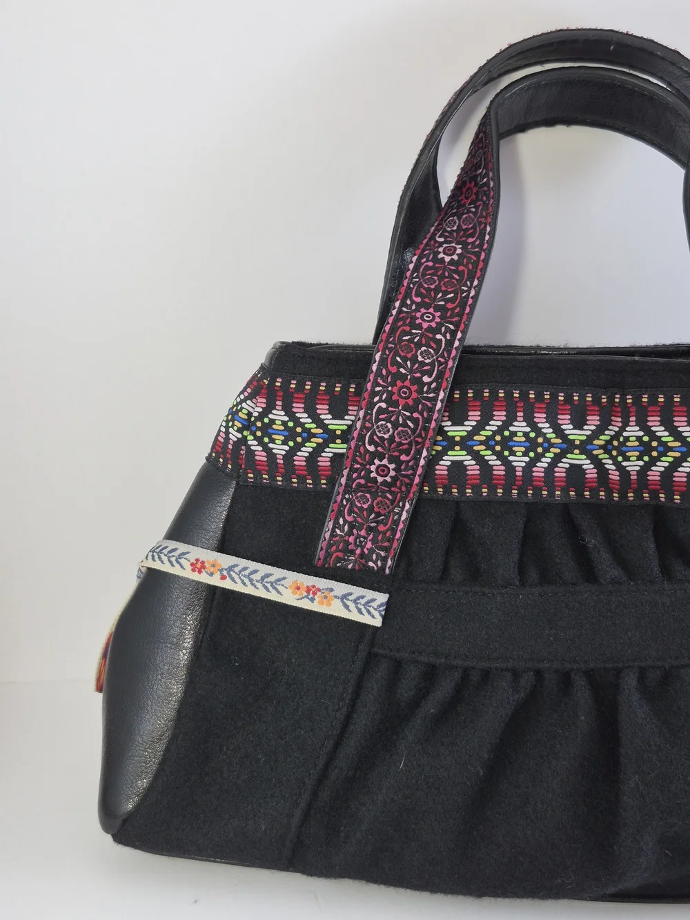 Vintage Embroidered Black Tote Bag with Pink Accent Straps